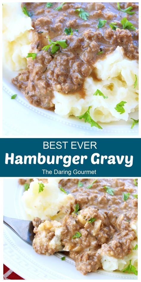 For a quick and easy weeknight dinner solution, it's hard to beat this delicious, old-fashioned Hamburger Gravy!  This American classic is the perfect comfort food to whip up after a long day - it's ready to serve in 25 minutes! Yummy Hamburger Meat Recipes, Hamburger Meat And Gravy Recipes, Ground Beef Gravy Recipe, Hamburger Gravy Recipe Easy, Best Hamburger Gravy Recipe, Hamburger Gravy Recipe, Hamburger Casseroles, Hamburger Gravy, Homemade Gravy Recipe