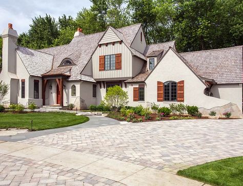 Custom Home Designers, Builders & Remodelers - Libertyville, IL Stone Front Porch, Stucco And Stone Exterior, Front Porch Stone, Outdoor Living Kitchen, Board And Batten Exterior, New House Exterior, Stone Exterior, Board And Batten Siding, Traditional Exterior