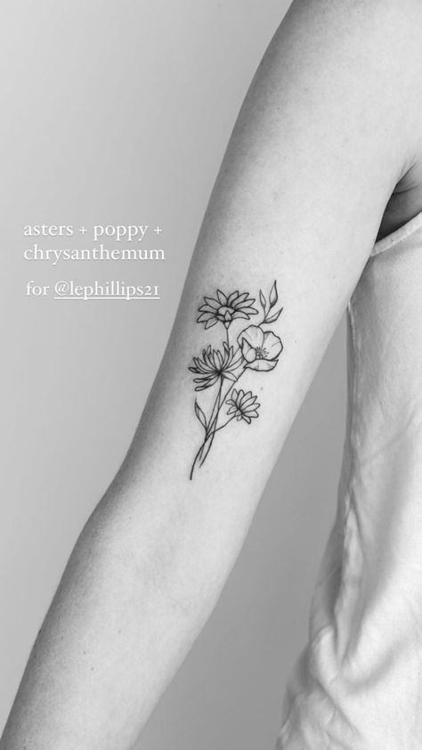 Flower On Bicep Tattoo, Flowers Inner Arm Tattoo, Floral Tattoo Design Forearm Women, Flower Bouquet Tattoo Inner Arm, Flower Bouquet Tattoo Bicep, Inner Bicep Tattoo Women Flower, Minimalist Flower Bouquet Tattoo, Three Flower Bouquet Tattoo, Tattoo On Inside Of Arm