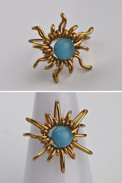 Wire Sun Rings Tutorial, Sun And Moon Wire Ring Tutorial, Sun And Moon Rings Diy, Wire Flower Ring Tutorial, Gemstone Wire Rings, Cool Wire Rings, Wire Sun Ring, Wire Wrapped Jewelry Tutorials Rings, Adjustable Wire Rings Diy