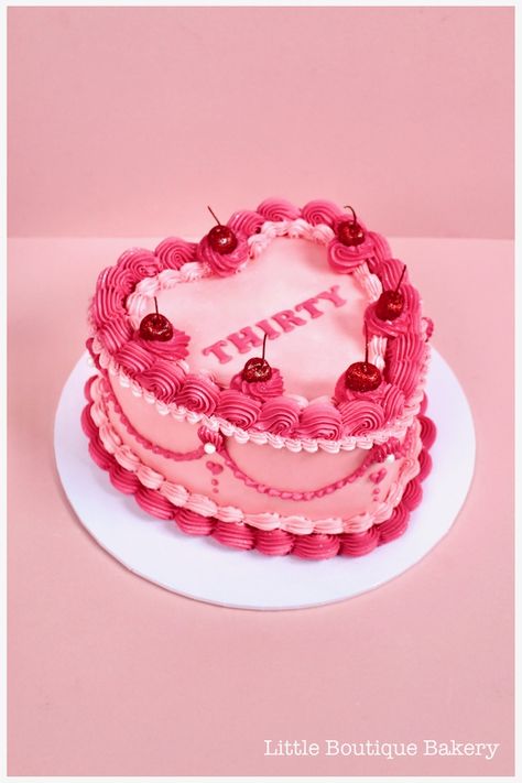 Vintage buttercream heart cake in pink with glitter cherries | Little Boutique Bakery Vintage Piped Cake, Hens Cake, Pink Vintage Heart Cake, Glitter Cherries, 30th Birthday Cake For Women, Heart Shaped Birthday Cake, Cherry Party, Lambeth Cake, Heart Cake Design