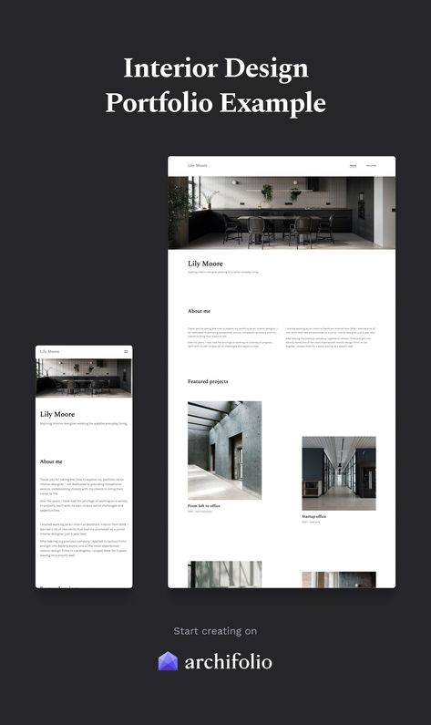 Simple, elegant, professional. This portfolio was created to effectively showcase the creativity, innovativeness, and skills of Lily Moore, a talented interior designer. Professional Interior Design Portfolio, Interior Design Portfolio Examples, Design Portfolio Examples, Professional Interior Design, Portfolio Examples, Portfolio Inspiration, Interior Design Portfolio, Building A Website, Simple Elegant