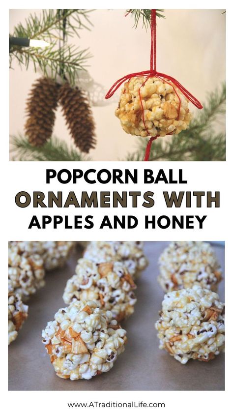 Popcorn Ball Ornaments with Apples and Honey Baked Ornaments, Edible Ornaments, Unique Christmas Tree Decorations, Snack Christmas, Popcorn Ball, Apples And Honey, Honey Popcorn, How To Make Popcorn, Traditional Holiday Recipes