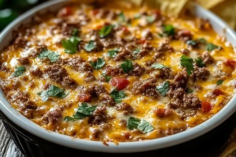 Meaty Texas Trash Dip Mexican Party Dip, Meaty Texas Trash Dip Pioneer Woman, Mexican Beef Dip, Ree Drummond Queso Dip, Baked Mexican Layer Dip, Ground Pork Dip Recipes, Trash Dip Texas, Hamburger Meat Dip Recipes, Baked Rotel Dip