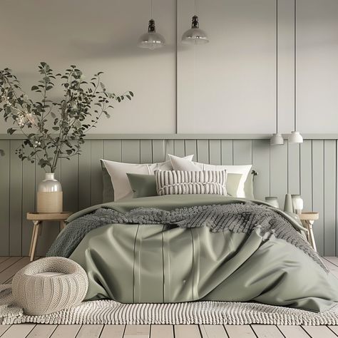 White Cream And Sage Bedroom, Sage Green Wall Color Bedroom, Cream Bedroom With Green Accents, Cream Sage Bedroom, Sage And Silver Bedroom, Pale Sage Green Bedroom, Light Sage Bedroom Walls, Modern Luxury Bedroom Design Grey, Green Grey White Bedroom