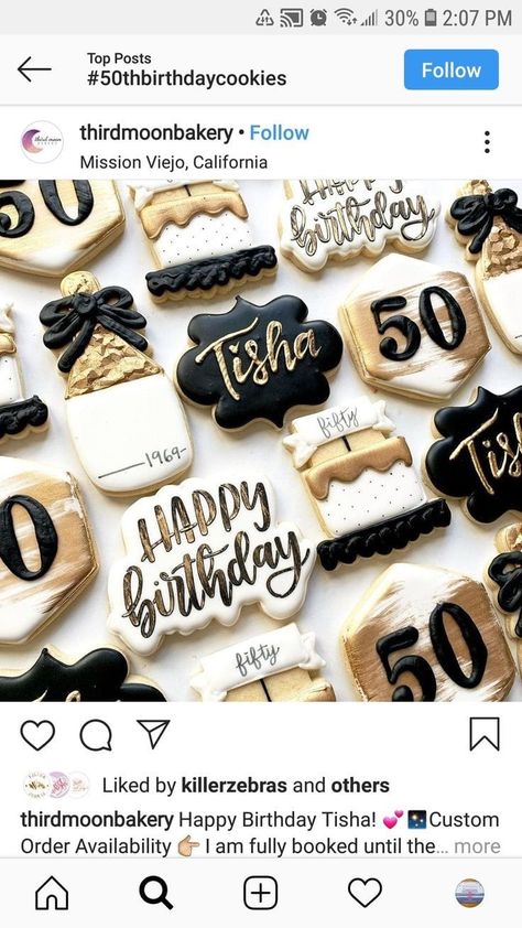 Black And Gold Cookies Birthday Parties, 50 Bday Cookies, Black And Gold Birthday Cookies Decorated, 50 Th Birthday Cookies, 50 Cookies Birthday, 50th Cookies Birthday Men, 50th Birthday Cookie Ideas, 50th Cookies Birthday For Women, 50th Birthday Decorated Cookies