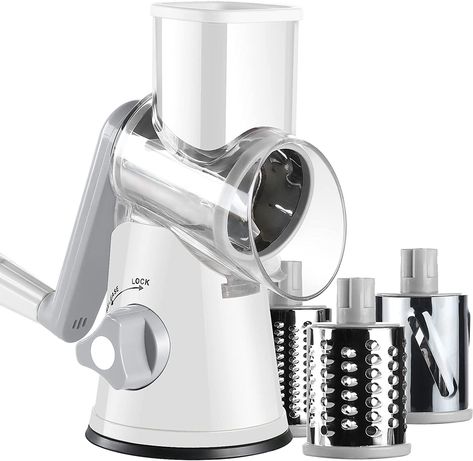 Ancevsk Manual Rotary Kitchen Cheese Grater, Speed Round Mandoline Vegetable Slicer, Safe Food Shredder Nut Grinder with 3 Interchangeable Blades for Potato, Carrot, Garlic, Walnut (White) Cheese Shredder, Cheese Slicer, Mandolin Slicer, Steel Drum, Hash Brown, Cheese Grater, Vegetable Slicer, Safe Cleaning Products, Hand Crank