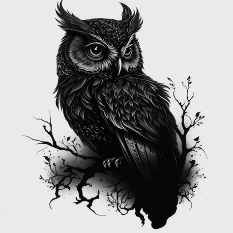 Owl for tattoo | Premium Photo #Freepik #photo #emblem #tattoo #tatto #tatoo The Owl Tattoo, Black And White Owl Tattoo, Owl Tattoo Men, Emblem Tattoo, White Owl Tattoo, Black Owl Tattoo, Owl Tattoo Ideas, Word Tattoo Ideas, Cute Owl Tattoo