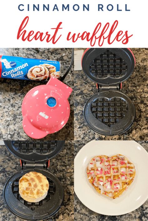 Cinnamon Roll In Waffle Maker, Heart Shape Waffles, Mini Heart Waffles, Cinnamon Roll Waffle Iron, Cinnamon Rolls Waffle Maker, Valentines Waffles, Valentine Waffles, Valentines Meals, Cinnamon Roll Heart