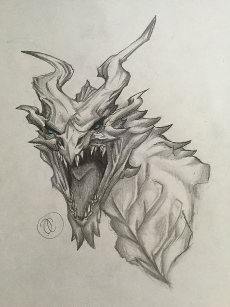 Alduin from Skyrim!!! ( By: @oliviacoulson ) done in pencil but a teal Prismacolor for the eyes. Skyrim Dragon Drawing, Alduin Skyrim Tattoo, Skyrim Anime, Eye Coloring Pages, Skyrim Drawing, Skyrim Tattoo, Draw A Dragon, Skyrim Dragon, Bio Organic Tattoo