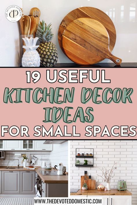 Add some personality to your tiny kitchen without the fear of making it completely impractical! Use these 19 kitchen decor ideas for small spaces & small kitchen decorations that double as storage or something super handy! Tiny Kitchen Ideas Apartments Studios, Kitchen Decor For Small Kitchens, Super Small Kitchen Ideas Tiny Houses, Tiny Kitchen Ideas Apartments, Decorating Small Kitchen, Living Room Decor Small Apartment, Small Kitchen Wall Decor Ideas, Small Home Organization, Apartment Kitchen Decorating