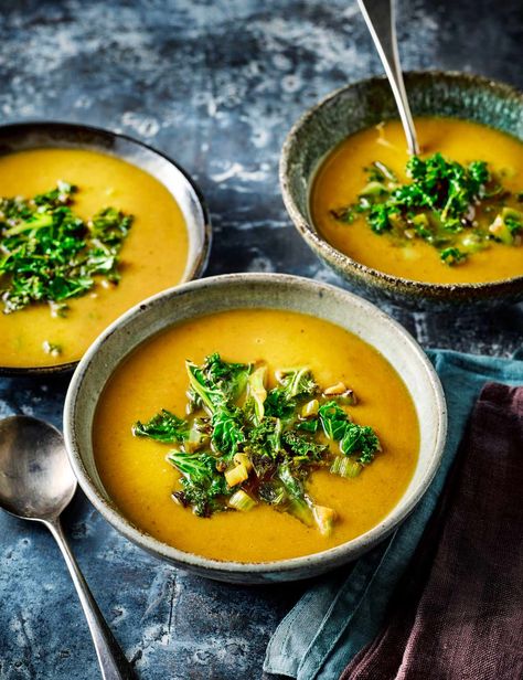 Creamy, wholesome and packed with plenty of umami flavour, this vegan soup is easy to make and low in calories Sweet Potato Soup Recipes, Winter Soup Recipe, White Miso, Best Soup Recipes, Vegan Soup Recipes, Potato Soup Recipe, Veggie Soup, Winter Soups, Sweet Potato Soup