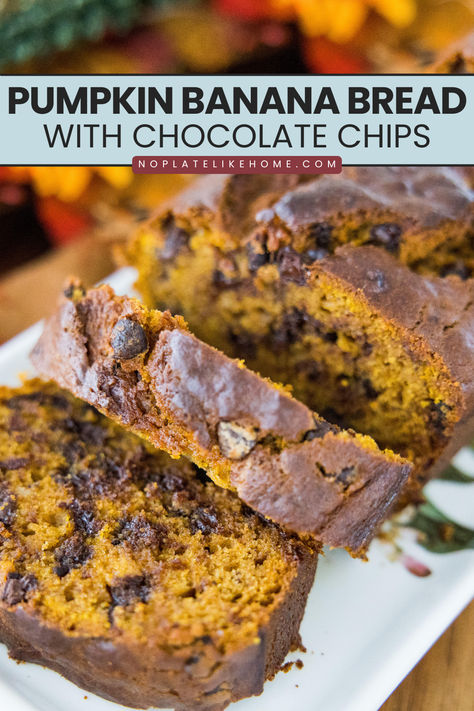 Pumpkin Banana Bread with Chocolate Chips Pumpkin Banana Bread With Chocolate Chips, Pumpkin Banana Chocolate Chip Bread Recipes, Pumpkin Chocolate Chip Banana Bread, Pumpkin Banana Chocolate Chip Bread, Banana Pumpkin Bread Recipe, Mashed Banana Recipes, Banana Chocolate Chip Bread Recipe, Banana Chocolate Chip Bread, Chocolate Chips Recipe