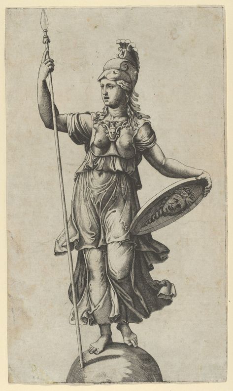 Pallas Athena standing on a globe, a spear in her left hand, a shield in her right, Marcantonio Raimondi (Italian, Argini (?) ca. 1480–before 1534 Bologna (?)), Engraving Hellenic Polytheism, Pallas Athena, Athena Tattoo, Greek Gods And Goddesses, A Globe, Greek And Roman Mythology, Athena Goddess, Albrecht Durer, Bedroom Idea