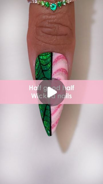 Daily Charme Official on Instagram: "POV: You found the coolest Half Good Half Wicked Cat Eye x Chrome x Holo Twinkle Nails 💖💚🩷 Are you Team GOOD or WICKED? Vote in the poll below 👇 Comment “WICKED” for the direct link to everything you need to recreate this look! 🔗

💚 Don’t forget to save this for inspo & tag your nail besties! 🧙‍♀️✨

Using @daily_charme: 
💖 S30 Angel Quartz
🩷 305 Sweet Dreams
💖 H37 Pink Paradise
💚 710 Classic Green
💚 3-in-1 Emerald Green Magnetic Chrome
💚 5-in-1 Strengthening Gel
💖 Strong Cat Eye Magnetic Cylinder
🩷 Diamond Shine Top Coat
💖 08 Oval Brush 
💚 Soft Silicone Nail Art Applicator
💚 Art Liner Brush
💚 Long Stiletto Clear Charme Gel Extension Tips

#chromenails #cateyenails #holonails #naildesigns #wickednails #diynails #fallnails #glitternails Wicked Nail Color Designs, Wicked Movie Nail Art, Wicked The Musical Nails, Wicked Musical Inspired Nails, Wicked Musical Nail Designs, Green And Pink Ombre Nails, Wicked Nails Designs, Wicked Nail Art, Wicked Movie Nails