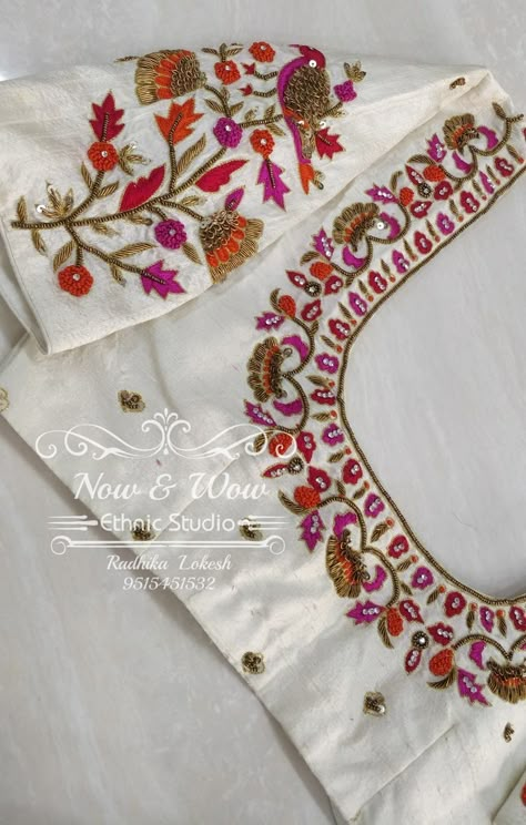 White Blouse Embroidery Designs Silk, Cream Color Blouse Design, White Blouse Work Designs Latest, White Work Blouse, Normal Blouse, Net Blouse, Maggam Work Blouse, Zardozi Work, Maggam Work Designs