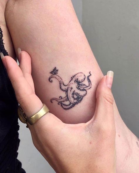 Small Tattoos Octopus, Elbow Octopus Tattoo, Women’s Octopus Tattoo, Cute Octopus Tattoos For Women, Unique Octopus Tattoo, Octopus Arm Tattoos For Women, Octopuses Tattoo, Delicate Octopus Tattoo, Animal Related Tattoos