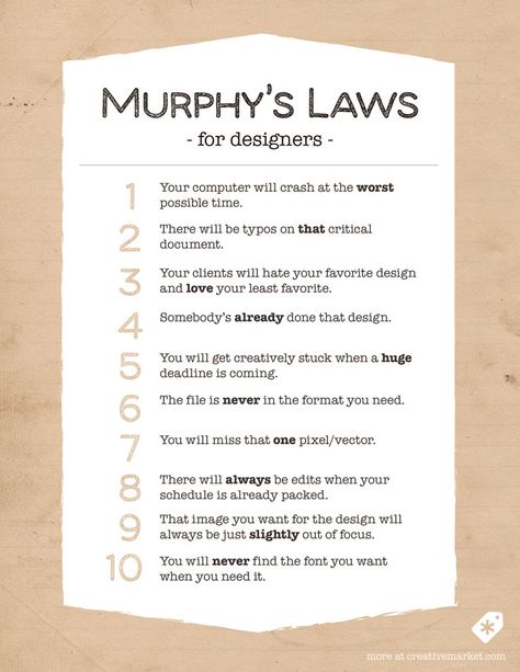 On the Creative Market Blog - 10 Murphy's Laws All Designers Live By Murphys Laws, Design Humor, Murphy Law, Graphic Design Humor, Creative Block, Graphic Design Tips, Graphic Design Fun, Blog Marketing, Design Quotes