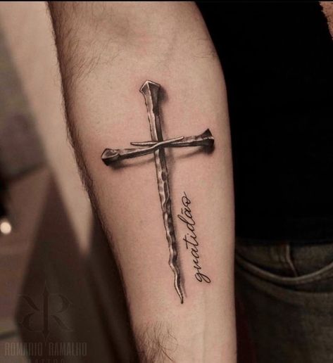 Cross Tatoos Men Arm, Cross Placement Tattoo, Tattoo Ideas For Men Cross Arm, Cross With Lion Tattoo, Large Christian Tattoos, Realistic Cross Tattoo, Saved Tattoo Christian, Christian Tatoos Idea Men, Men’s Cross Tattoos