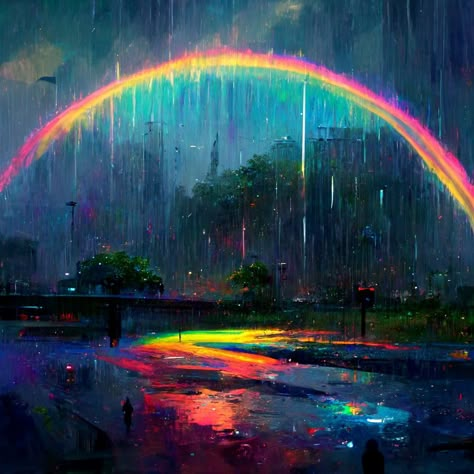 Rain Painting Aesthetic, Melting Rainbow, Rainbow City, Rain Painting, Rainbow Aesthetic, Rainbow Art, Ethereal Art, Art Inspiration Painting, Dreamy Art