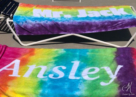 Tie-Dye Beach Towels – Created By Kisha Tye Dye Towels With Names Diy, Tye Dye Beach Towels, Tie Dye Beach Towel With Name, Tie Dye Name Towel Diy, Cricut Beach Towel, Tie Dye Beach Towel Diy, Ocean Tie Dye, Tie Dye Towels With Names, Tye Dye Towels