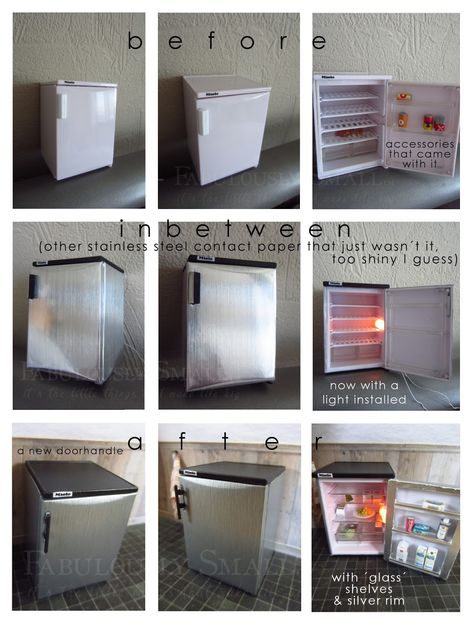 how to: mini fridge makeover (including contents) Mini Fridge Cabinet Diy, Mini Fridge Makeover, Mini Fridge Bar, Mini Fridge Cabinet, Stainless Steel Contact Paper, Fridge Makeover, Wooden Cooler, Kitchen Bars, Dorm Fridge