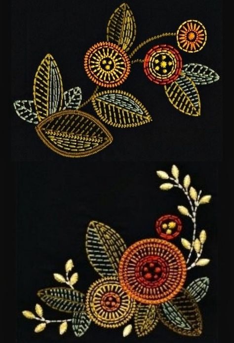 Embroidery On Black Fabric, Hand Embroidery Patterns Free, Hand Beaded Embroidery, Textile Art Embroidery, Pretty Embroidery, Embroidered Quilts, Embroidery Works, Hand Embroidery Projects, Pola Sulam