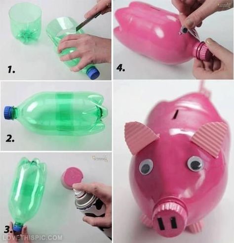 Piggy Bank from an old 2 liter soda bottle...or make a mini out of a 20 oz bottle or mKe a super mini out of a 11 or 12 oz bottle!! Piggy Bank Diy, Diy Plastic Bottle, Plastic Bottle Crafts, Recycled Projects, Cool Ideas, Fun Diy Crafts, Recycled Crafts, Recycle Plastic Bottles, Cute Crafts