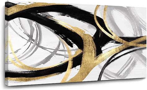 Black Canvas Art, Gold Artwork, Oil Painting Pictures, Gold Wall Decor, Graffiti Artwork, Gold Poster, Line Artwork, White Wall Decor, Artwork For Living Room