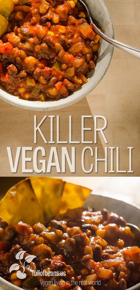 Seriously, this is killer vegan chili! Get ready to wow your family and impress your friends! Jump over to fullofbeans.us for the details! Best Vegan Chili, Different Types Of Food, Vegan Crockpot, Vegan Chili, Vegan Living, Vegan Soups, Agave Syrup, God Mat, Garbanzo Beans