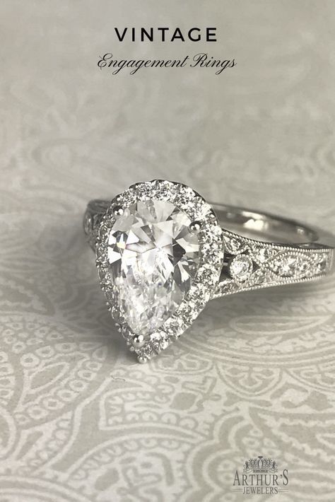 Settings For Pear Shaped Diamonds, Vintage Pear Shaped Ring, Pear Shaped Diamond Ring Settings, Resetting Pear Diamonds Ideas, Pear Antique Engagement Ring, Pear Shaped Art Deco Engagement Ring, Antique Pear Ring, Antique Pear Engagement Ring, Vintage Pear Diamond Ring