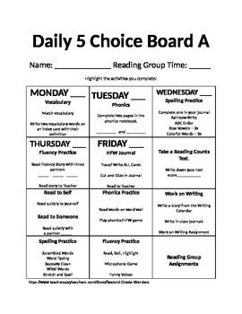 This is a set of four choice boards designed for students to use during daily 5 while I pull small groups. *** This is a WORD DOCUMENT *** It can be edited ***  These choice boards are set up so that students have a mandatory assignment to work on each day as well as free choice activities to work on when their mandatory job is complete.  Some days have two mandatory jobs.  There are teacher signature spaces for mandatory activfities, spots to label reading group times and book study jobs, and p Choice Boards 1st Grade, First Grade Choice Boards, Choice Boards 2nd Grade, Literacy Choice Boards 3rd Grade, Daily 5 Choice Board, Editable Choice Board, Reading Week Ideas, Homework Choice Board, Daily 5 Stations