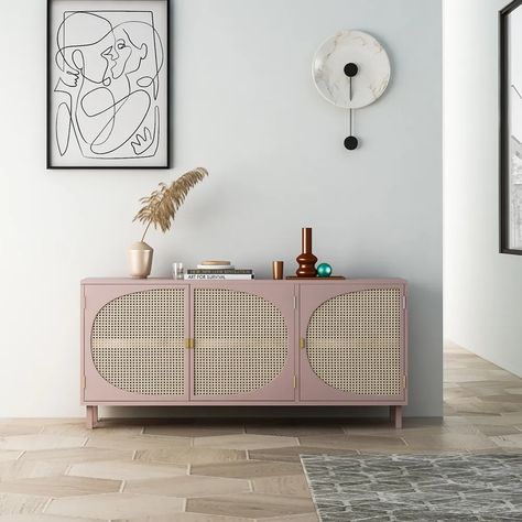 Pink Rattan, Rattan Doors, Japandi Interior Design, Dining Roo, Plywood Kitchen, Rattan Sideboard, Japandi Interior, Side Board, Tempered Glass Door