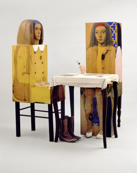 Marisol at Yale University Art Gallery. Artist: Marisol, French/American, b. Paris 1930, Dinner Date, 1963, Painted wood, plaster, textiles, oil on canvas, metal fork, leather boots, paint, graphite. 139.7 x 135.9 x 111.8 cm (55 x 53 1/2 x 44 in. ) Gift of Susan Morse Hilles, 1973.86. Marisol Escobar, James Rosenquist, Perez Art Museum, George Segal, Claes Oldenburg, Pop Art Movement, Jasper Johns, Roy Lichtenstein, Portrait Sculpture