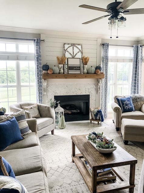 Fall living room ideas using Navy, Copper, sage green and white | Wilshire Collections Sage Living Room, Fall Living Room Ideas, Wilshire Collections, Bedroom French, Navy Living Rooms, Rustic Farmhouse Living Room, Fall Living Room, Living Modern, Living Room Green