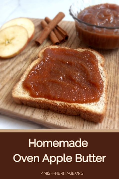 Apple Butter on toast, a dish of Apple butter, Apple slices, and cinnamon sticks Baked Apple Butter Recipe, Apple Butter Recipe Roaster Oven, Apple Butter Recipe Small Batch, Apple Butter With Apple Cider Vinegar, Apple Butter From Applesauce, Oven Apple Butter Recipe, Oven Baked Apples, Apple Butter From Applesauce Recipe, Pioneer Woman Apple Butter Recipe