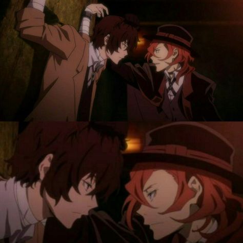 Chyua and Dazai #BungouStrayDogs Dazai X Chuuya Anime Scene, Dazai Anime Scene, Chuuya Side Profile, Bsd Scenes, Bsd Chuuya, Dazai And Chuuya, Dazai Chuuya, Oddly Specific, Ny Life