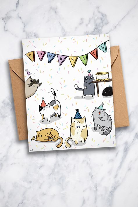 Cat Drawing Birthday, Birthday Card Drawing Ideas, Card Drawing Ideas, Cute Congratulations, Anniversaire Diy, Creative Birthday Cards, Birthday Card Drawing, Cat Greeting Cards, Simple Birthday Cards