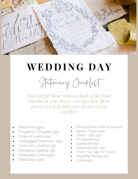 List Of Wedding Signage, Signage List For Wedding, List Of Signage For Wedding, Day Of Wedding Signage, Wedding Day Signage Checklist, Canva Wedding Stationary, Wedding Stationery List, Wedding Diy Stationery, Day Of Wedding Stationary