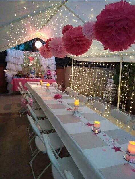 Under the stars Basement Birthday Party Decorations, Pink Sweet 16 Outdoor, Backyard Sweet 16 Party Ideas Tent, 16 Birthday Party Ideas Outdoor, Sweet 16 Outdoor Party Ideas Backyards, Basement Birthday Party, Backyard Sweet 16 Party Ideas, 15th Birthday Decorations, College Graduation Party Decorations