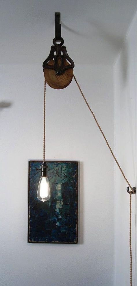 Facebook Hampton Bay Ceiling Fan, Pulley Lamps, Luminaria Diy, Lampe Industrial, Pulley Light, Steampunk Lighting, Diy Lampe, Edison Lighting, Deco Luminaire