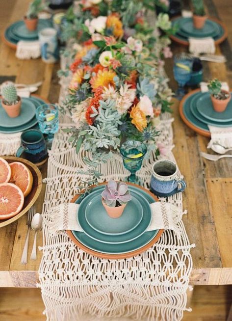 We Are Just Loving Everything About This Chic Boho Cactus Tablescape. It Has Such Fabulous Earthy Color Palette And Filled With Darling Details! Bohemian Bridal Shower Decorations, Terra Cotta Wedding, Mexican Themed Weddings, Bohemian Bridal Shower, Brunch Decor, Kitchen Table Centerpiece, Macrame Table Runner, Brunch Table, Succulent Centerpieces