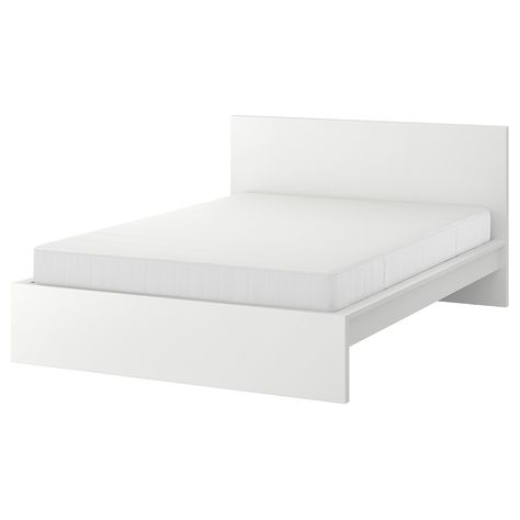 MALM bed frame with mattress, white, Full. A clean design that’s just as beautiful on all sides – place the bed on its own or with the headboard against a wall. If you need space for extra bedding, add MALM bed storage boxes on casters. Head/footboard: Particleboard. Ikea Bed Full Size, White Bedframe Ikea, White Bedframe Ideas Modern, White Bed Frame Aesthetic, White Ikea Bed, Malm Bed Storage, Ikea Bed Frame, Bed Frame Simple, White Double Bed