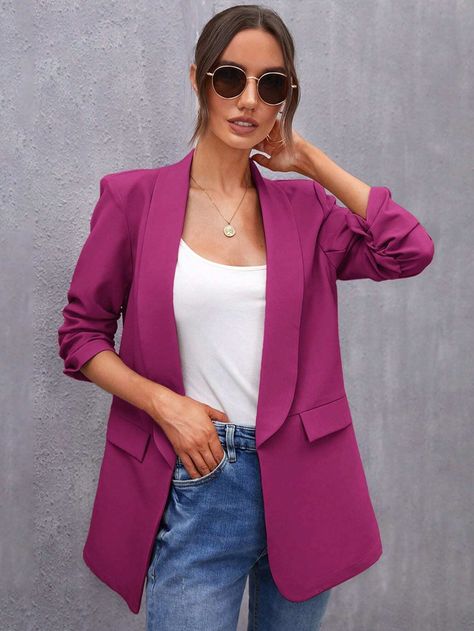 SHEIN BIZwear Shawl Collar Gathered Sleeve Flap Detail Blazer Workwear | SHEIN USA Purple Blazer Outfits For Women, Outfit Casual Con Blazer, Outfits Blazer, Purple Blazer, Business Chic, Lightweight Blazer, Ruched Sleeve, Blazer Style, Open Front Blazer