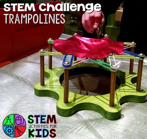 Trampoline STEM Challenge The other day we took a field trip to the Museum of Science in Boston. They have an engineering workshop set up most mornings, which is always a lot of fun. This week the challenge was Extreme Trampolines. They provided trampoline bases, bands to make the structure, and fabric to clip on … Engineering Workshop, Simple Stem Activities, Stem Activities For Kids, Stem Camp, Stem Club, Elementary Stem Activities, Steam Challenges, Stem Elementary, Algebra Activities