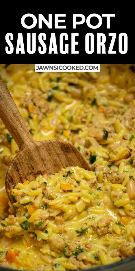 This delicious Italian Sausage Orzo recipe is creamy, comforting, and quick, making it a great one pot meal for busy weeknights! With plenty of veggies, creamy cannelini beans, and flavorful Italian sausage- this meal is super satisfying any night of the week! Orzo And Italian Sausage Recipes, Hot Italian Sausage Dinner Ideas, Cheesy Italian Sausage Orzo, Italian Sausage And Beans, Italian Sausage Orzo Recipes, Meals With Ground Italian Sausage, Ground Beef And Orzo Recipe, Sausage Orzo Recipes, Italian Sausage Recipes Crockpot