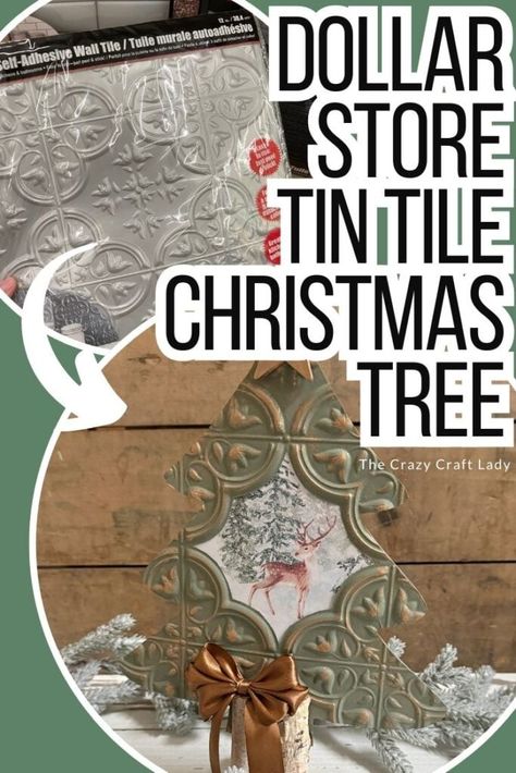 Dollar Store Tin Tile Christmas Tree Dollar Tree Faux Tin Tile Crafts Christmas, Dollar Tree Ceiling Tile Crafts, Dollar Tree Tin Tile Crafts, Dollar Tree Wall Tiles, Dollar Tree Tiles, Tile Christmas Tree, Ceiling Tiles Crafts, Faux Tin Tiles, Tree Cutout