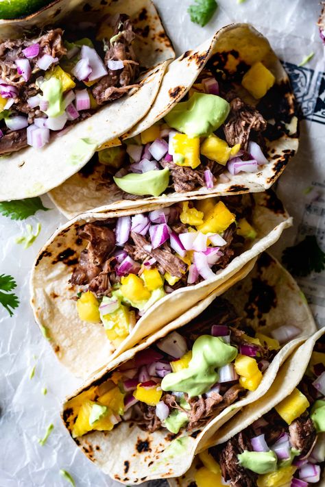 Beef Short Rib Tacos, Short Rib Tacos, Rib Tacos, Pho Spices, Cooking Therapy, Tacos With Avocado, Beef Short Rib Recipes, Avocado Crema, Short Rib