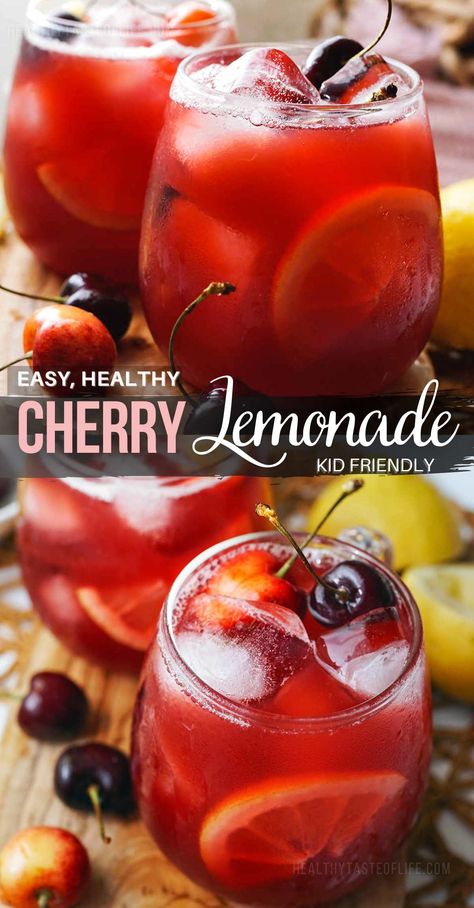 Relish the taste of summer with this easy fresh Cherry Lemonade Recipe. It combines freshly squeezed lemons and ripe cherries. This cherry lemonade is truly summer in a glass, perfectly balancing sweet and tart, it's the ideal thirst-quencher for hot days. Easy to make and adaptable, you either make the cherry juice yourself or use a bottles black or tart cherry juice. #cherrylemonade #cherry #lemonade #recipe #summer #drink Cherry Lemonade Recipe, Black Cherry Juice, Cherry Drink, Cherry Lemonade, Tart Cherry Juice, Fresh Cherry, Drink Recipes Nonalcoholic, Summer Drink Recipes, Lemonade Drinks