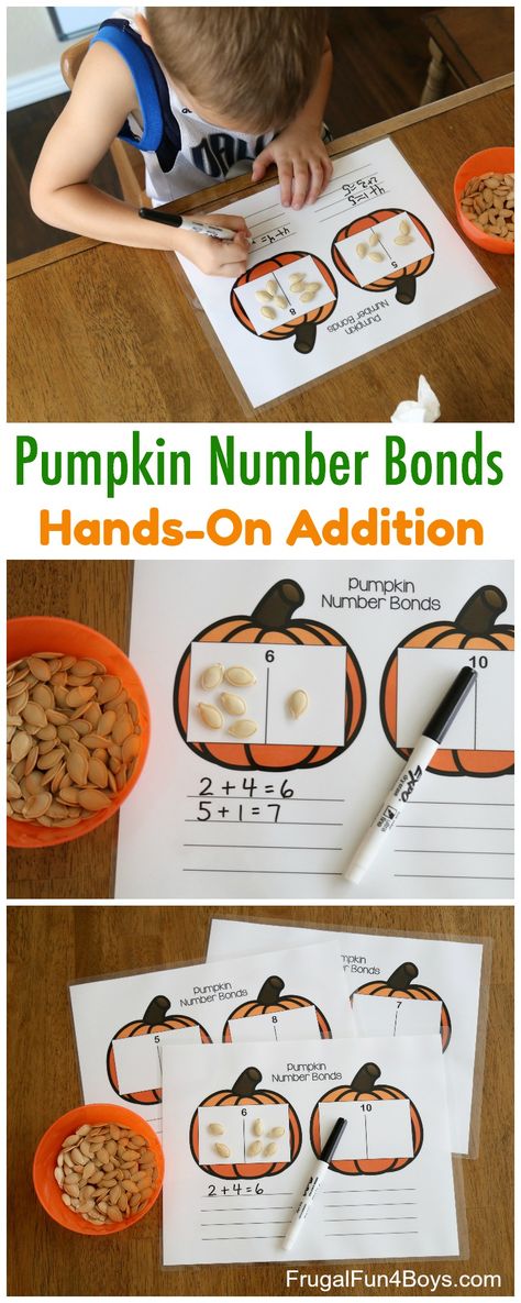 Pumpkin Number Bonds Addition Activity - Hands-on math for kindergarten and first grade Maths Fun, Addition Activity, Addition Activities, Creative Math, Diy Preschool, Math Activities For Kids, Common Core Kindergarten, Number Bonds, Make 10